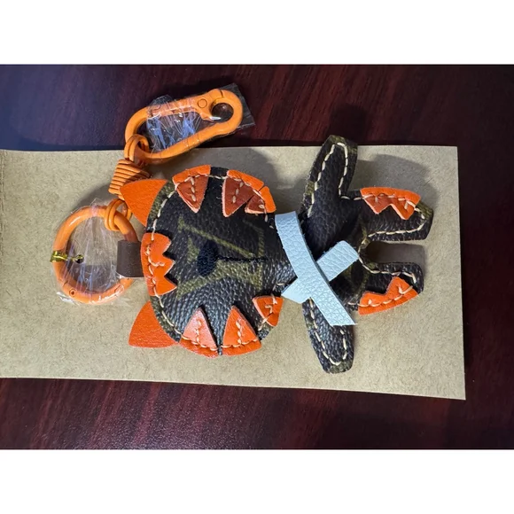 Upcycled Designer Canvas Kitty Keychain Bag Charm Orange Leather One of a Kind - Picture 6 of 6